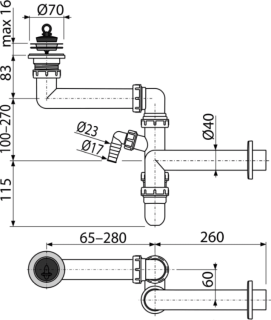 Сифон для мойки AlcaPlast экономящий пространство с подводкой A870P-DN40